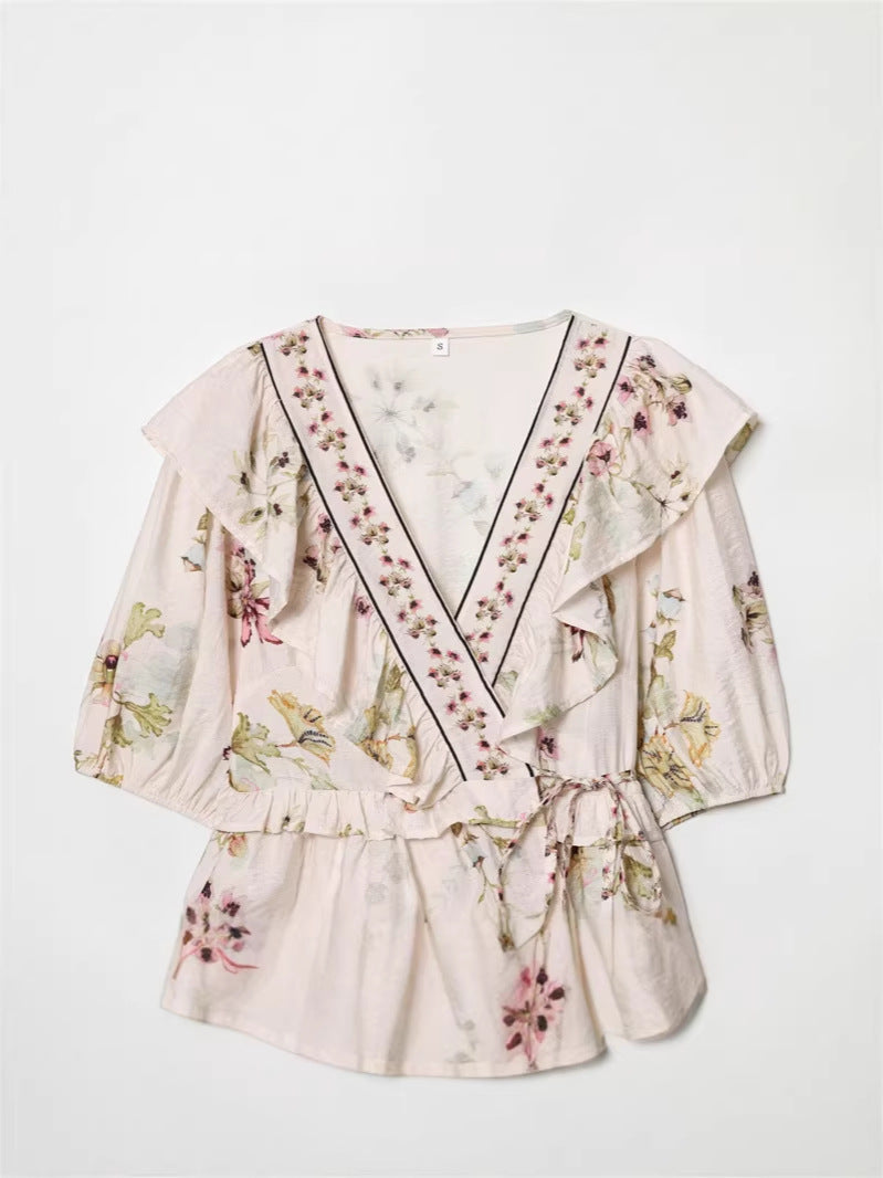 V-Neck Linen Blend Floral Shirt