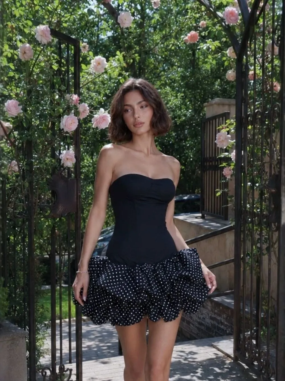 Maleni Black Strapless Bustier Polka Dot Bubble Dress - OWNCI