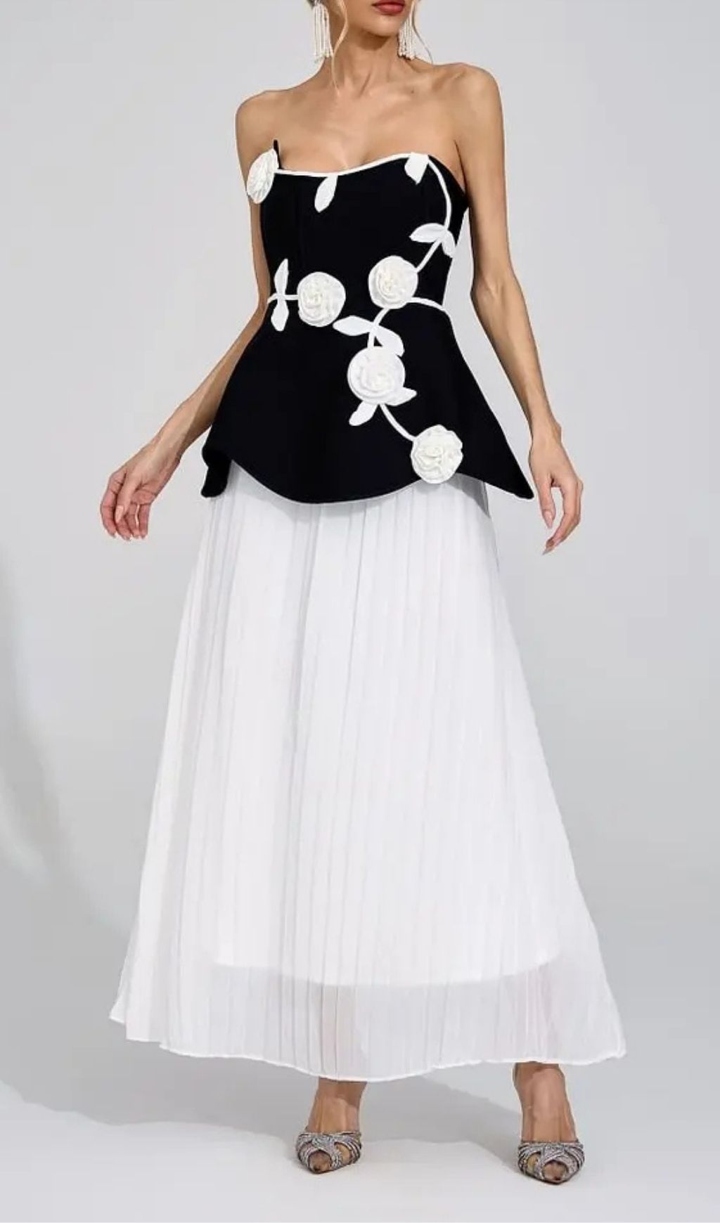 Mignon Black White Floral Strapless Maxi Dress