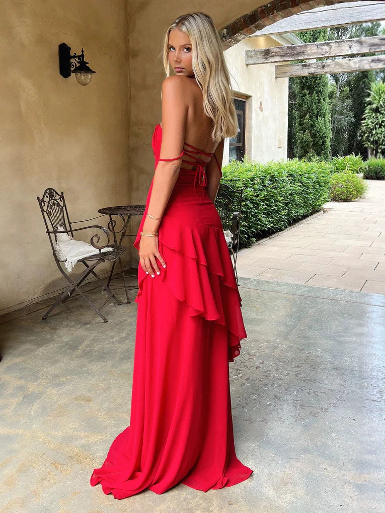 Red Backless Long Slip Dress