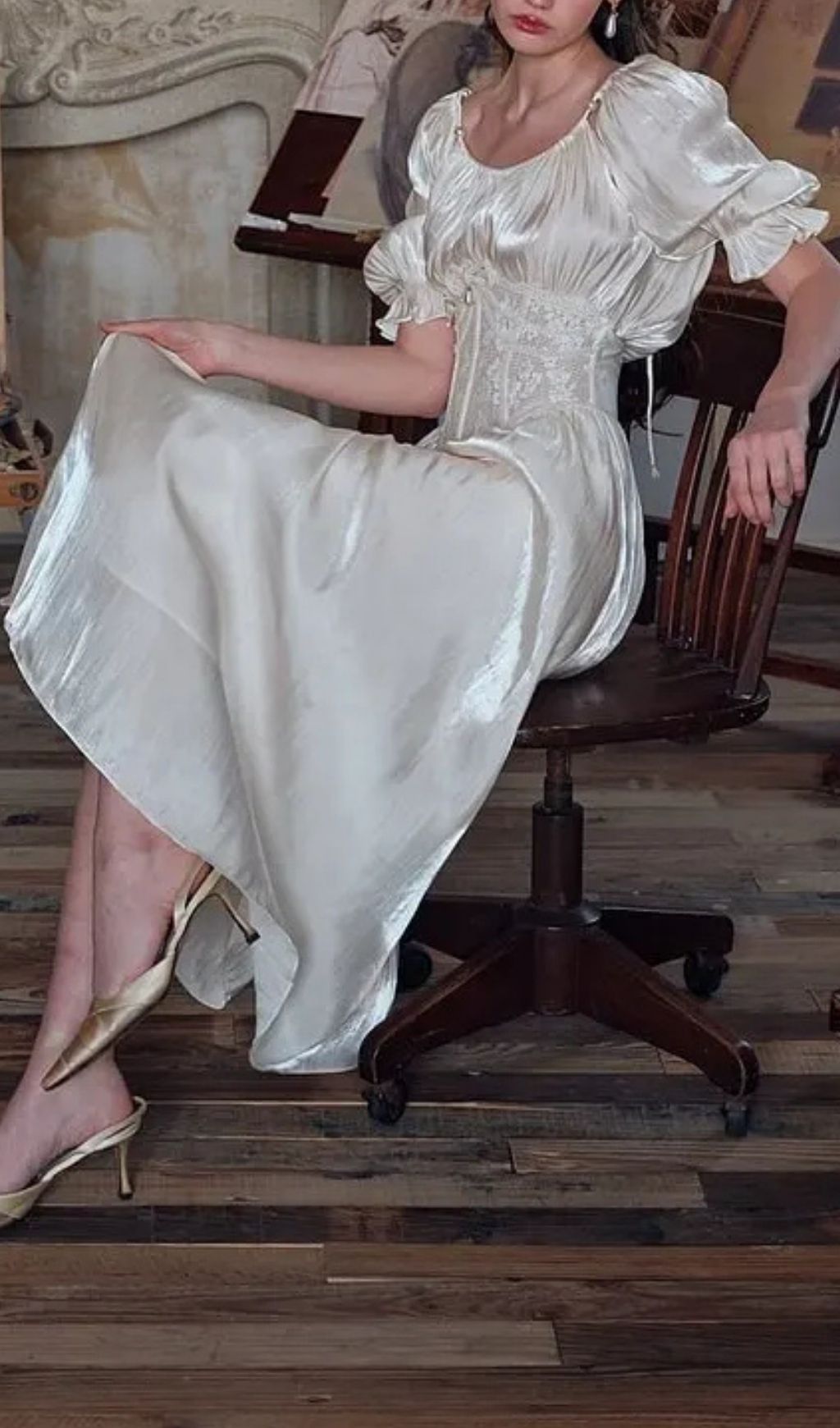 Square Neck Puff Sleeve Lace Satin Maxi Dress