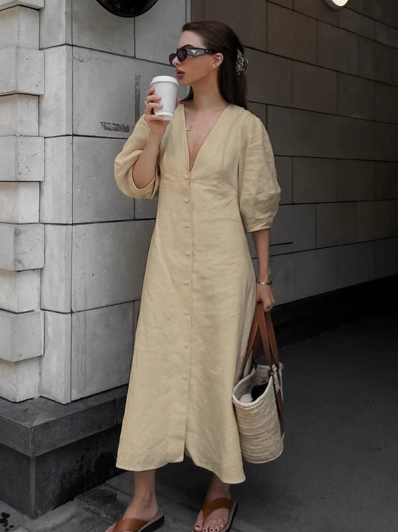 Loose-Fitting Puff Sleeve V-Neck Cotton Linen Midi Dress