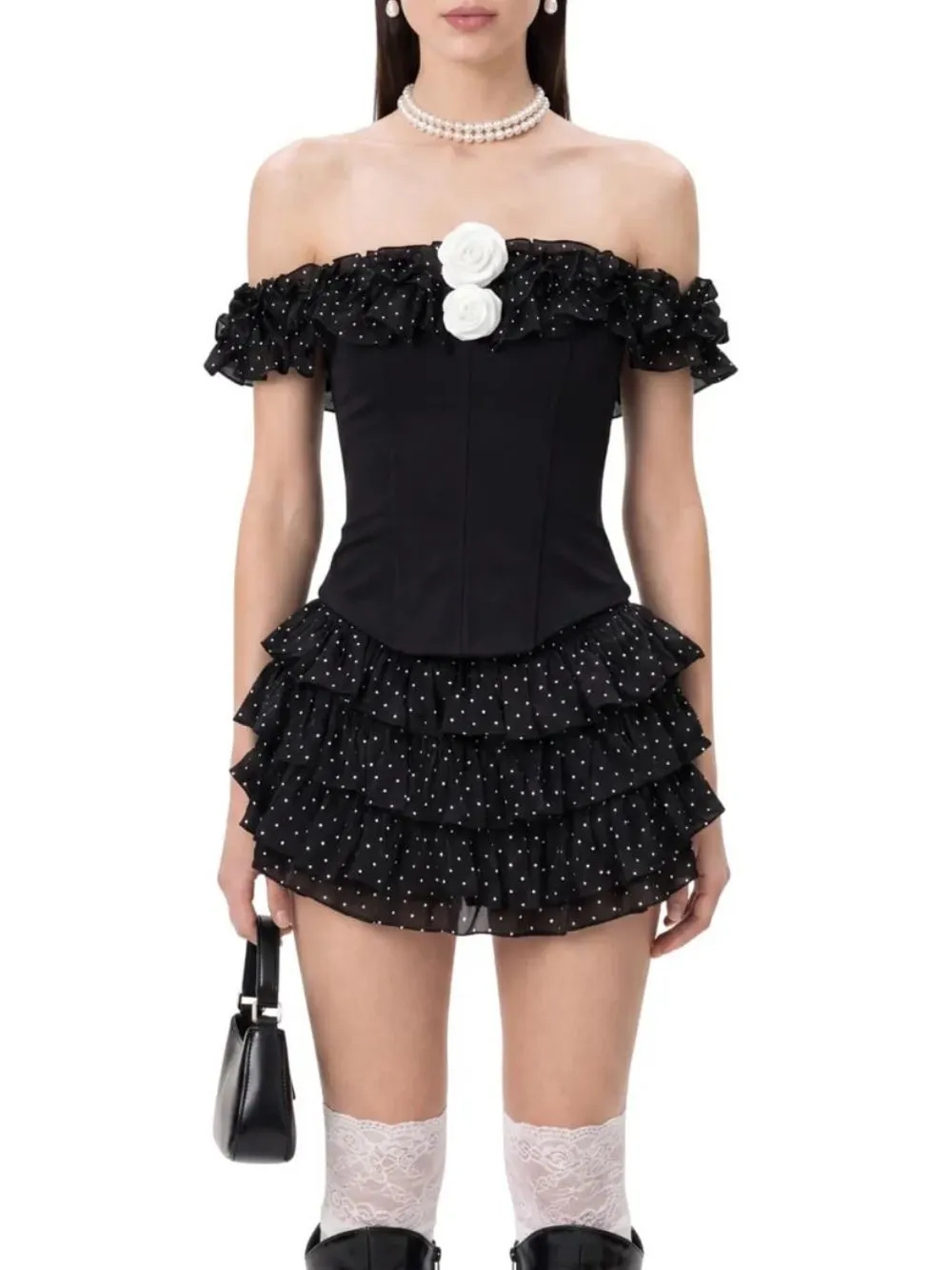 Talven Tiered Flower Dot Skirt Set In Black