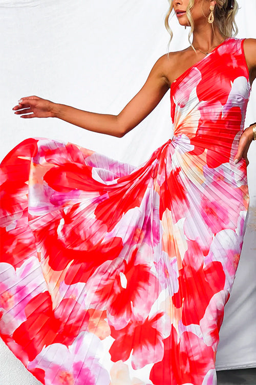 e6ebaca4af8d1c67155d0f10a710ba24 One Shoulder Sleeveless Print Asymmetric Maxi Pleated Dress