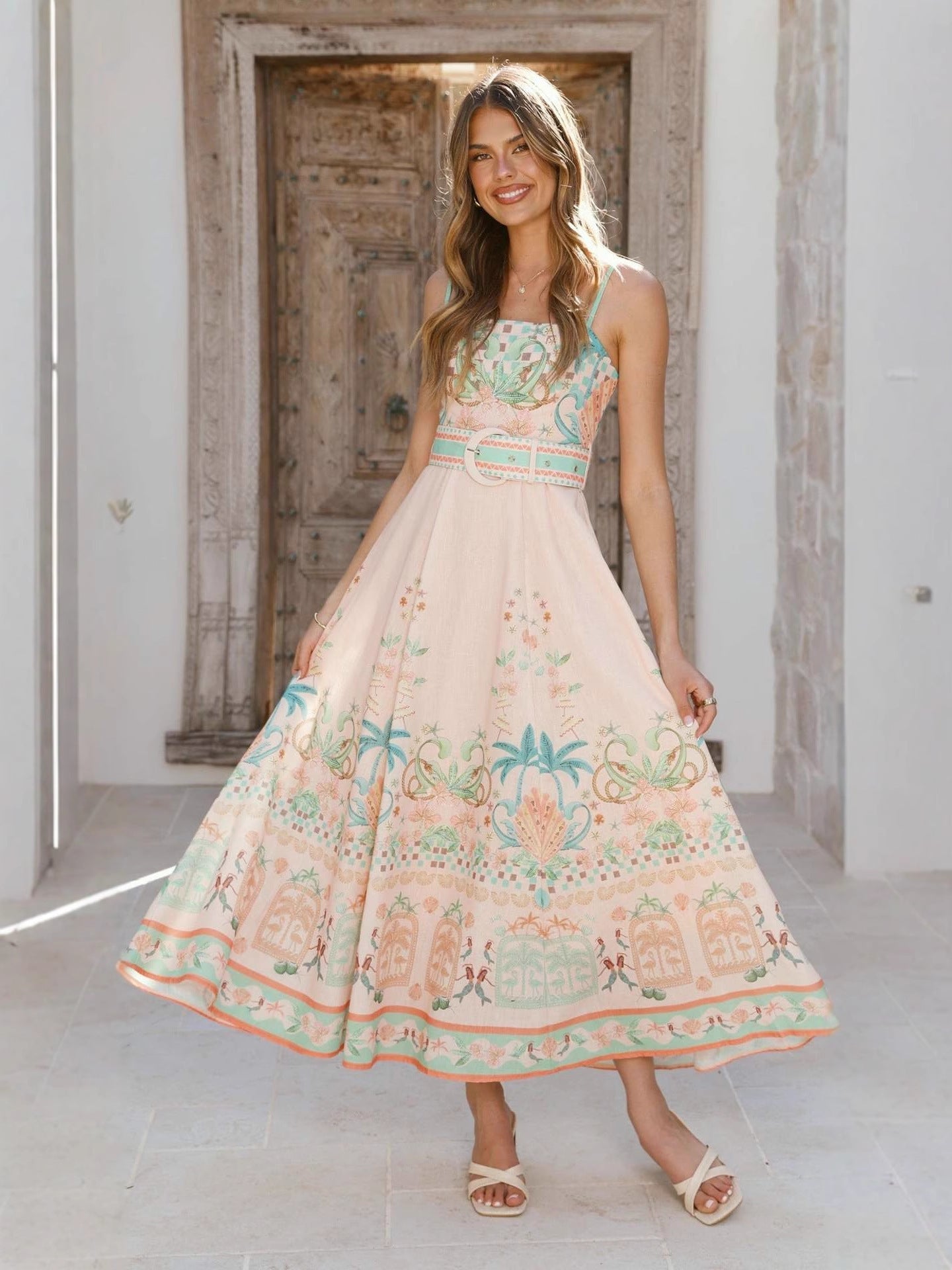 Pink Large Swing Floral Linen Sleeveless Slip Dress