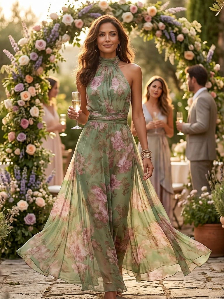 Polly Green Floral Chiffon Halter Maxi Dress - OWNCI