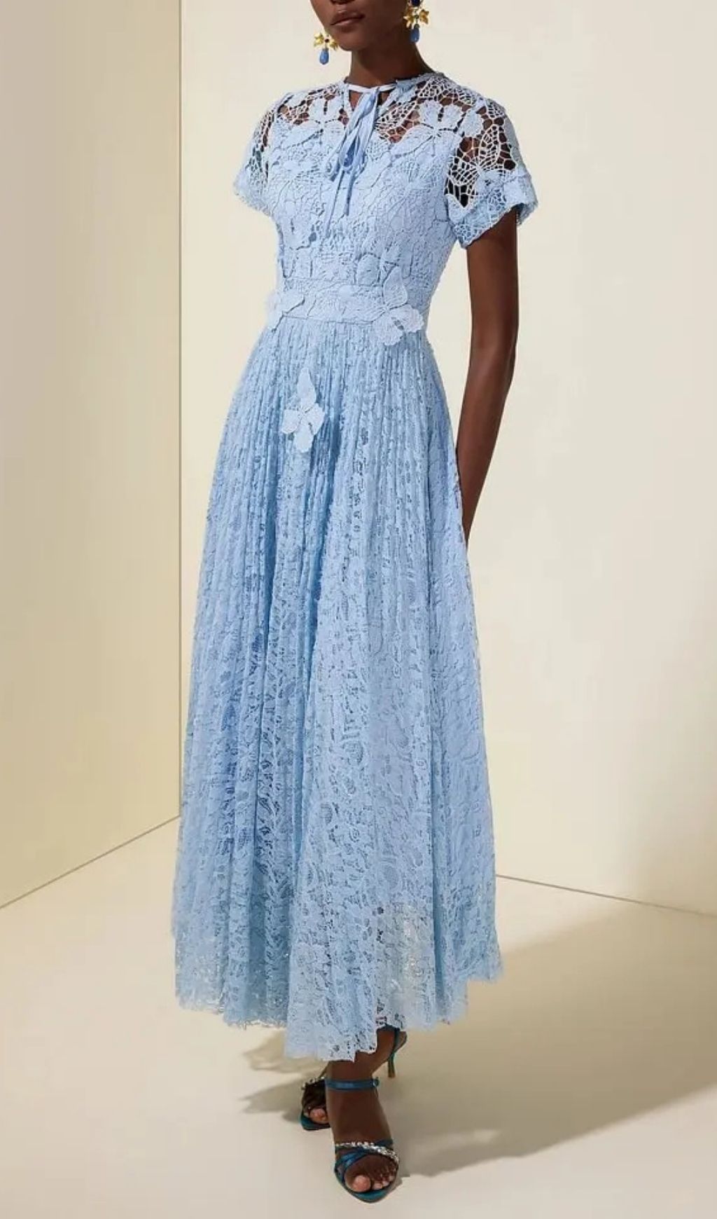 Selena Lace Butterfly Pleated Midi Dress - Blue