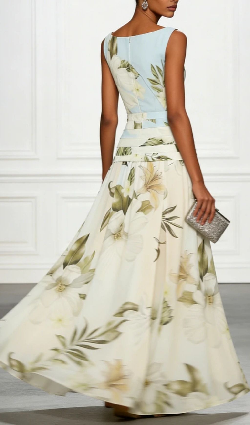 Fashionslee Women Blue And White Floral Ruffled Boat Neck Sleeveless Maxi Dress