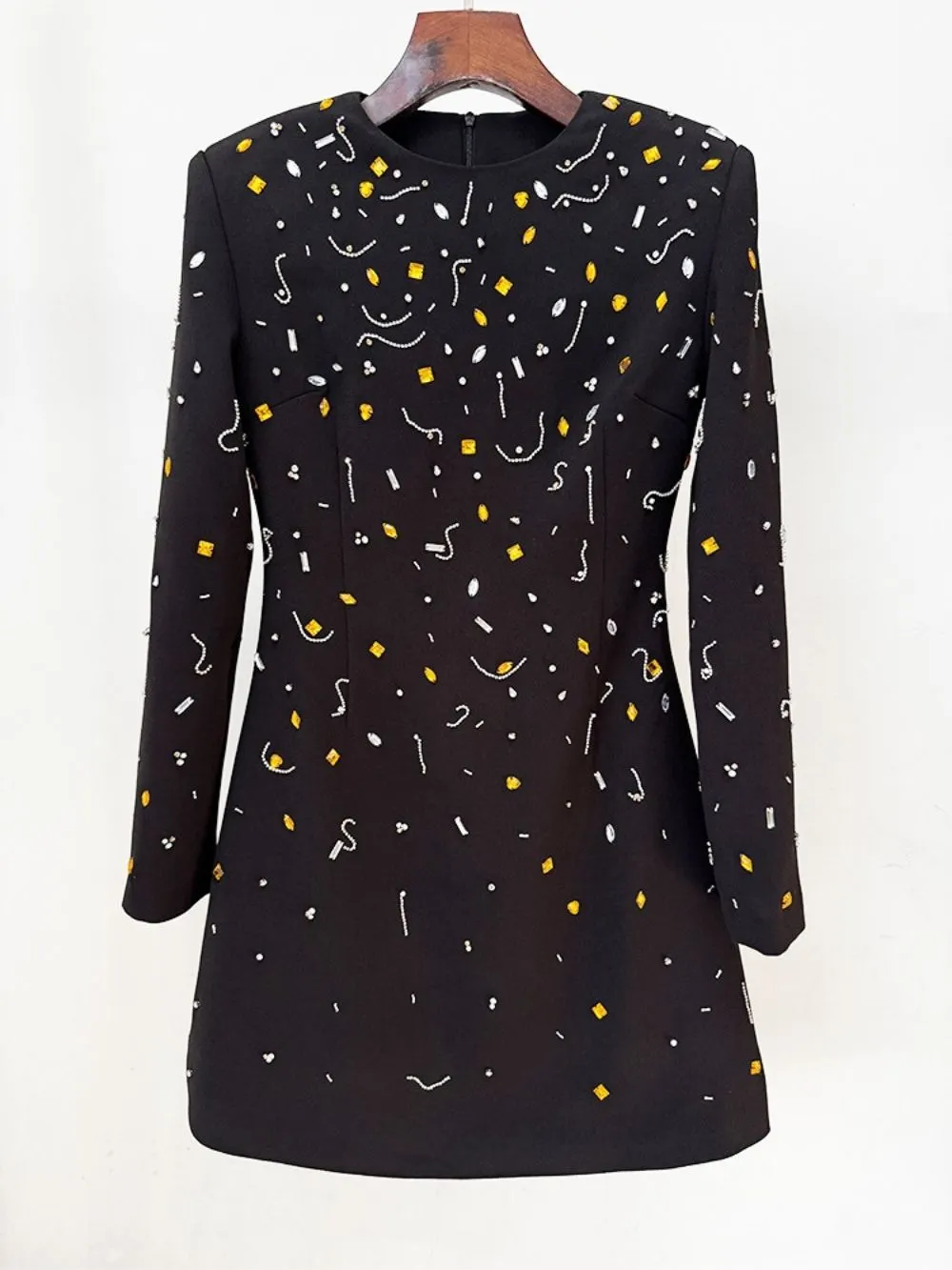 Malini Black Diamante Long Sleeve Mini Dress