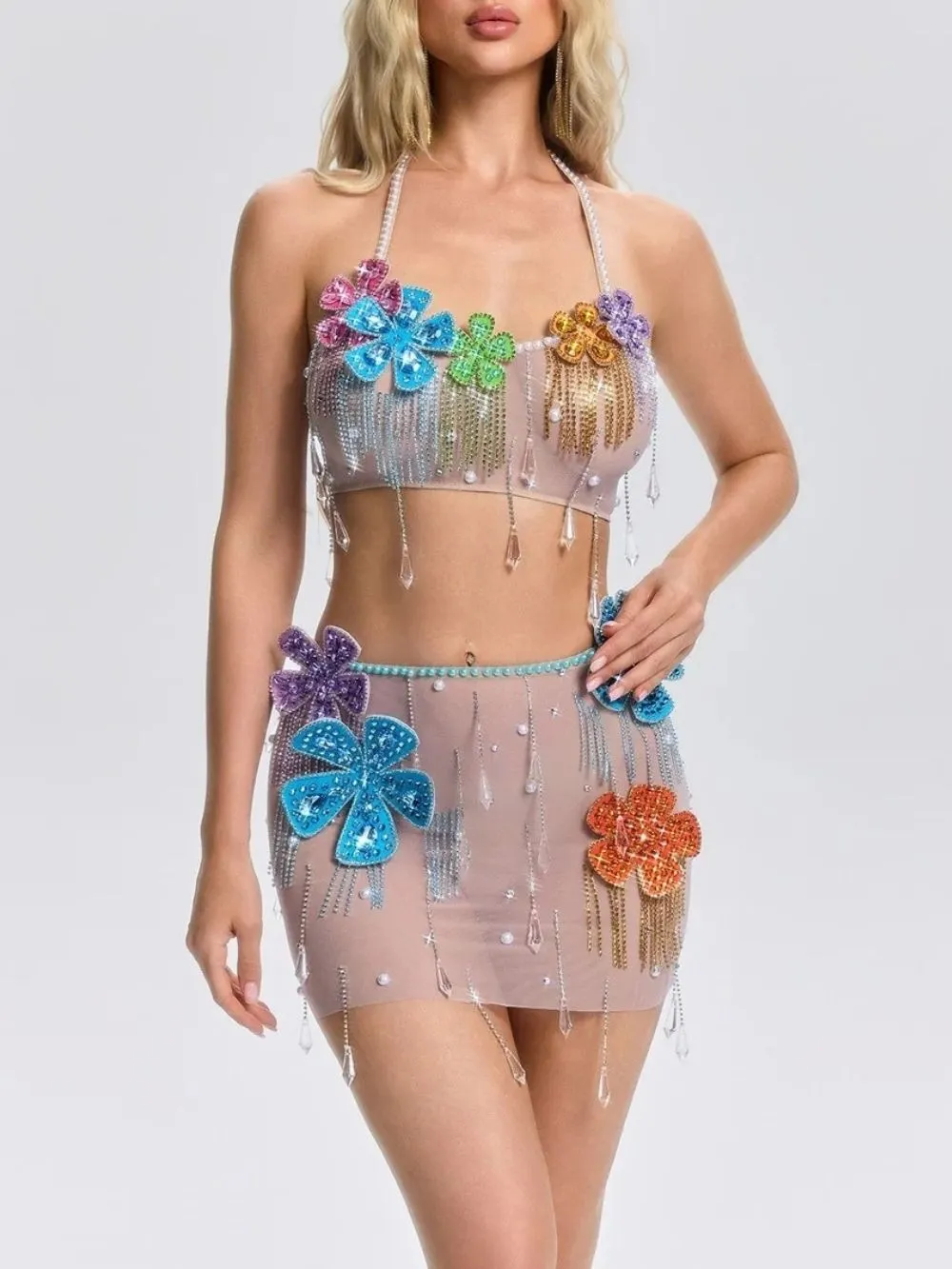 Florissa Flower Pearl Mesh Skirt Set