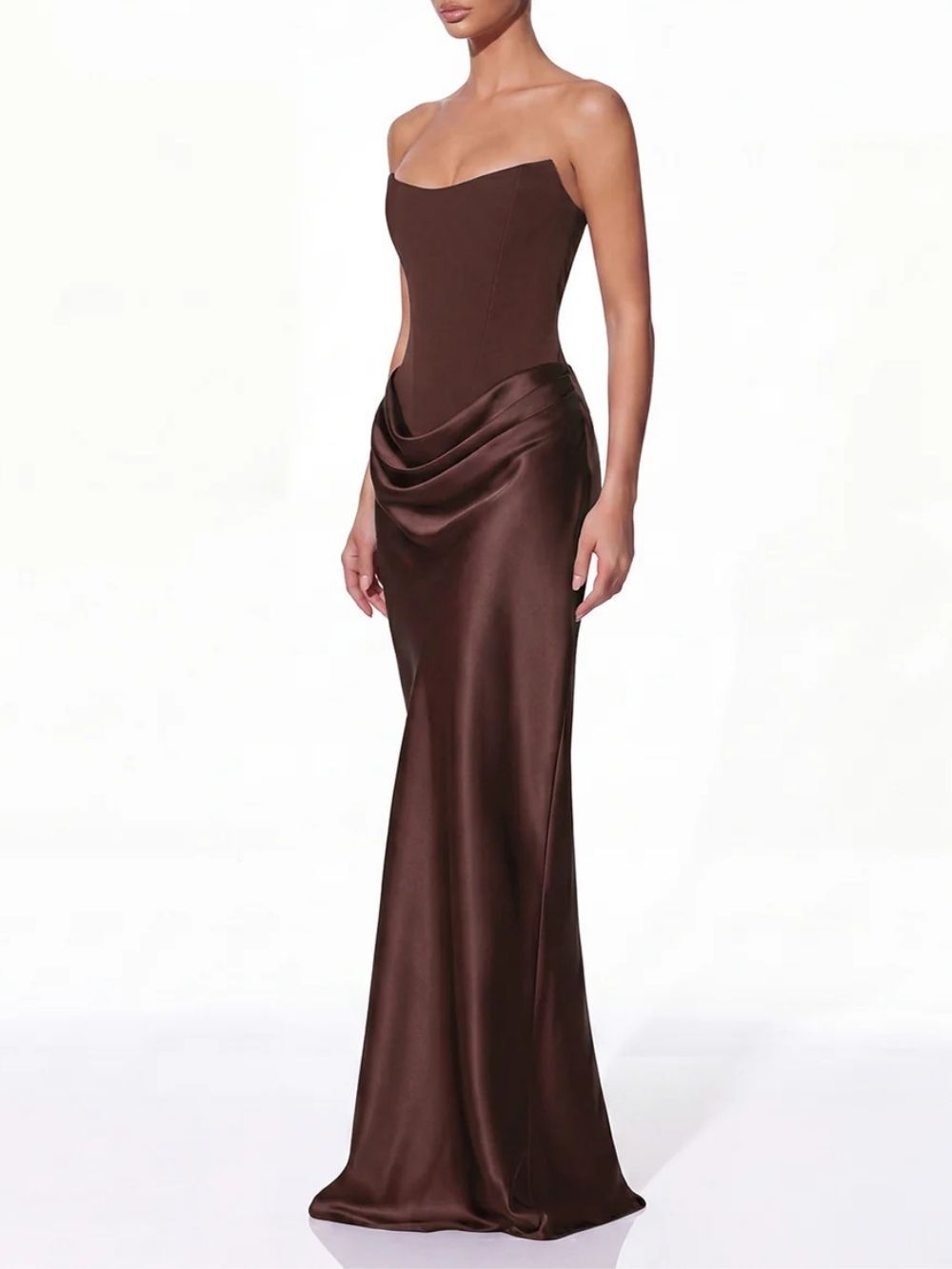 e8e57d03cf2710104be0a553b0009c05 Vallissa Strapless Satin Maxi Dress In Brown
