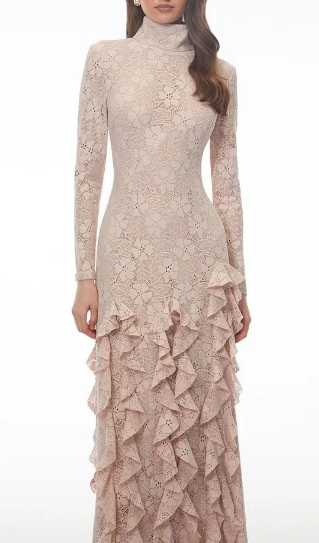 Michelle Nude Floral Lace Ruffled Maxi Dress