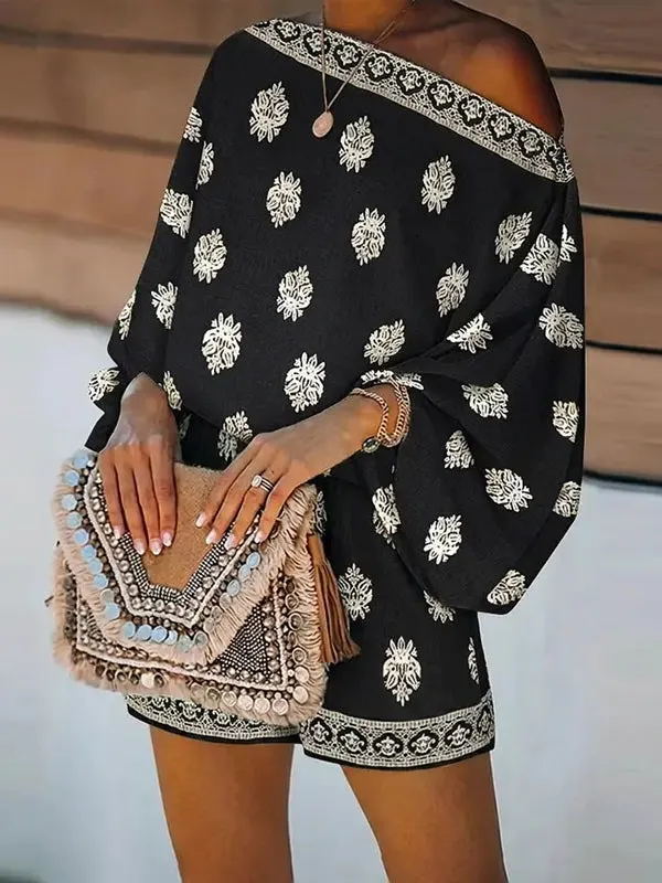 e9136c6cf65a0c34a518c3bcb0cbbdc6 Baroque Print Off-Shoulder Lantern Sleeve Shorts Jumpsuit