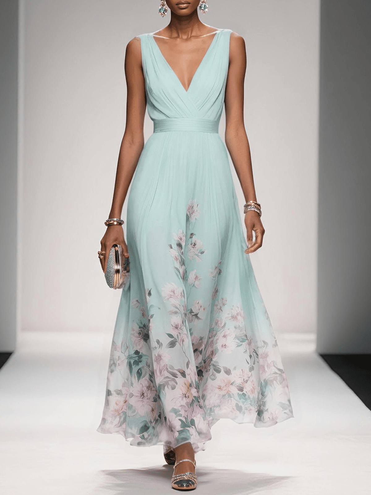 Light Blue Floral Chiffon V Neck Sleeveless A-Line Maxi Dress - OWNCI