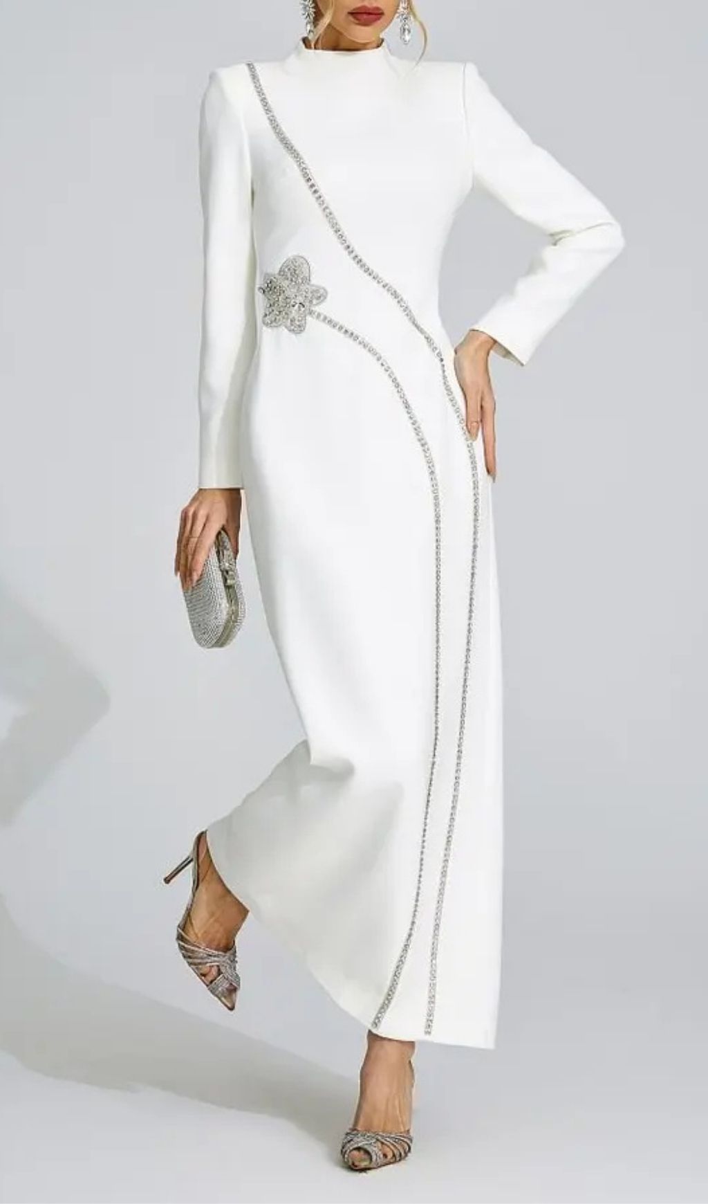 Nicola Diamond Embellished Long Sleeve Maxi Dress - White