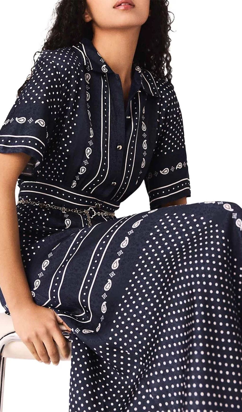 Fashionslee Women Bandana Print Chain Belt Shirtdress