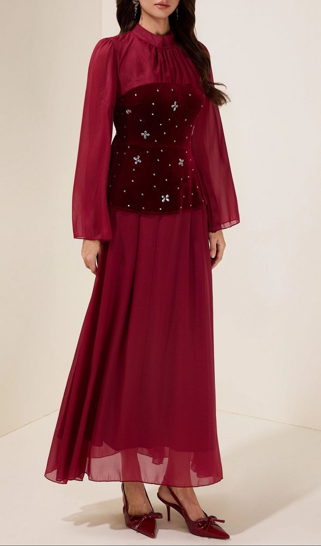 Caroline Rhinestone Velvet Splicing Maxi Dress - Burgundy