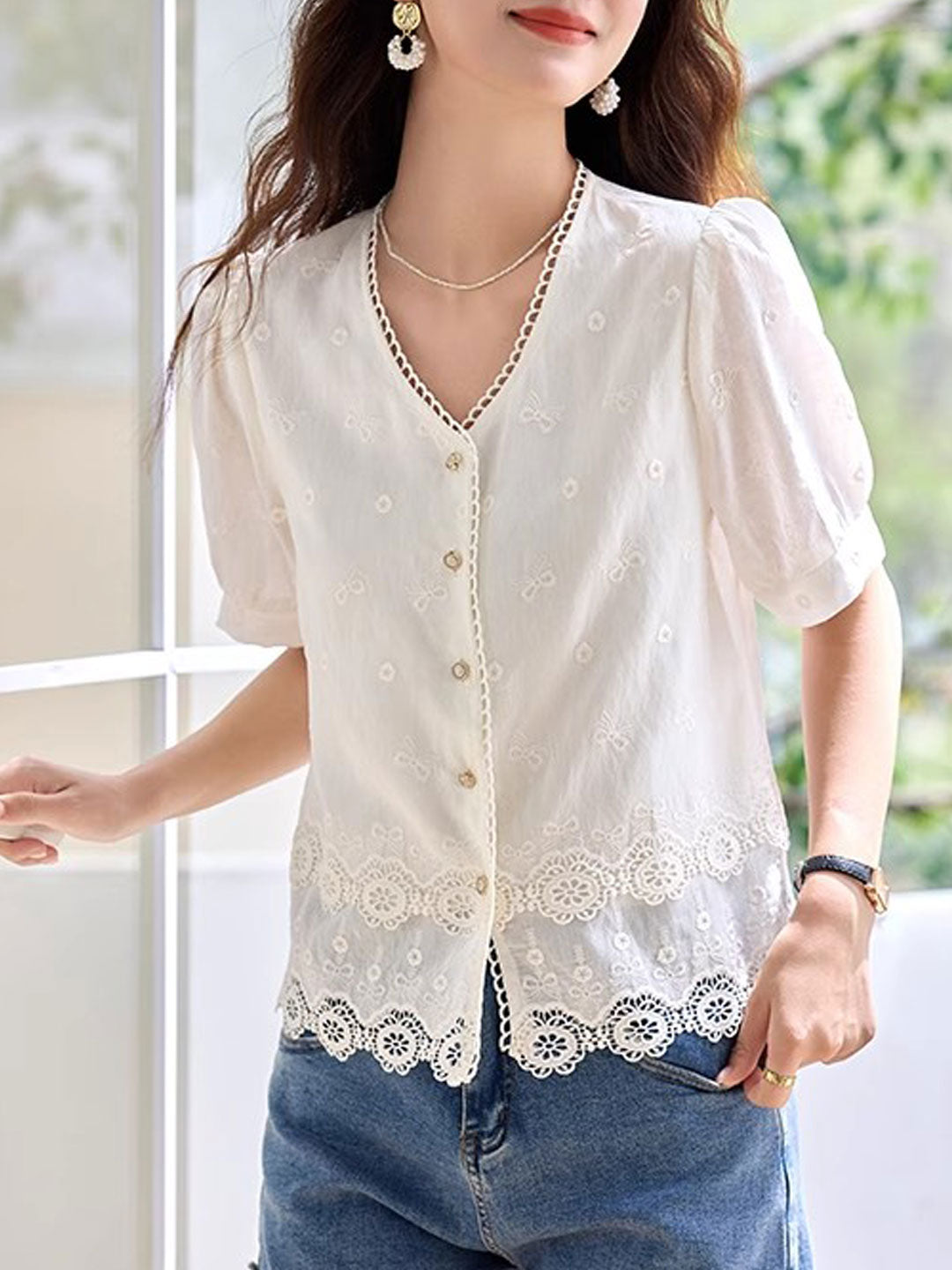 Sabina Loose V-Neck Hollowed Lace Top - OWNCI