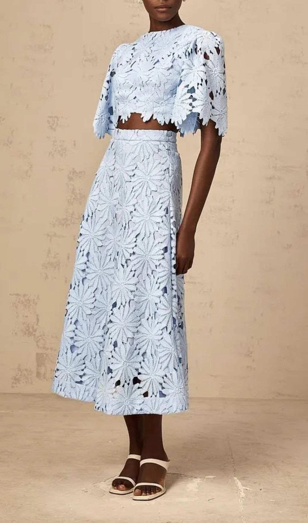 Penny Openwork Floral Lace Blouse Maxi Skirt Set - Blue