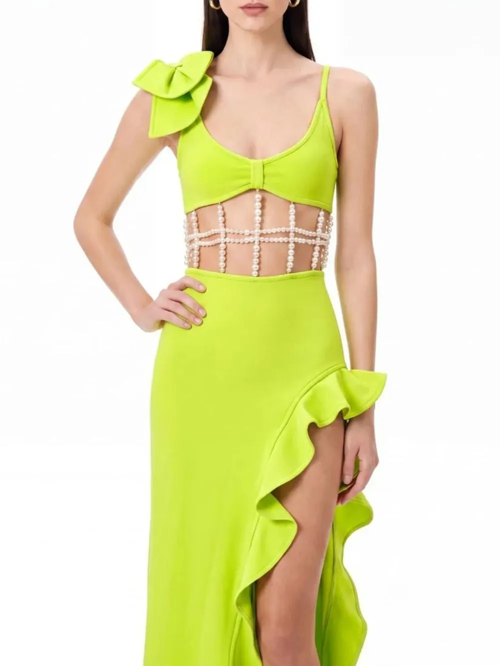 Nysora Pearl Split Maxi Dress In Chartreuse