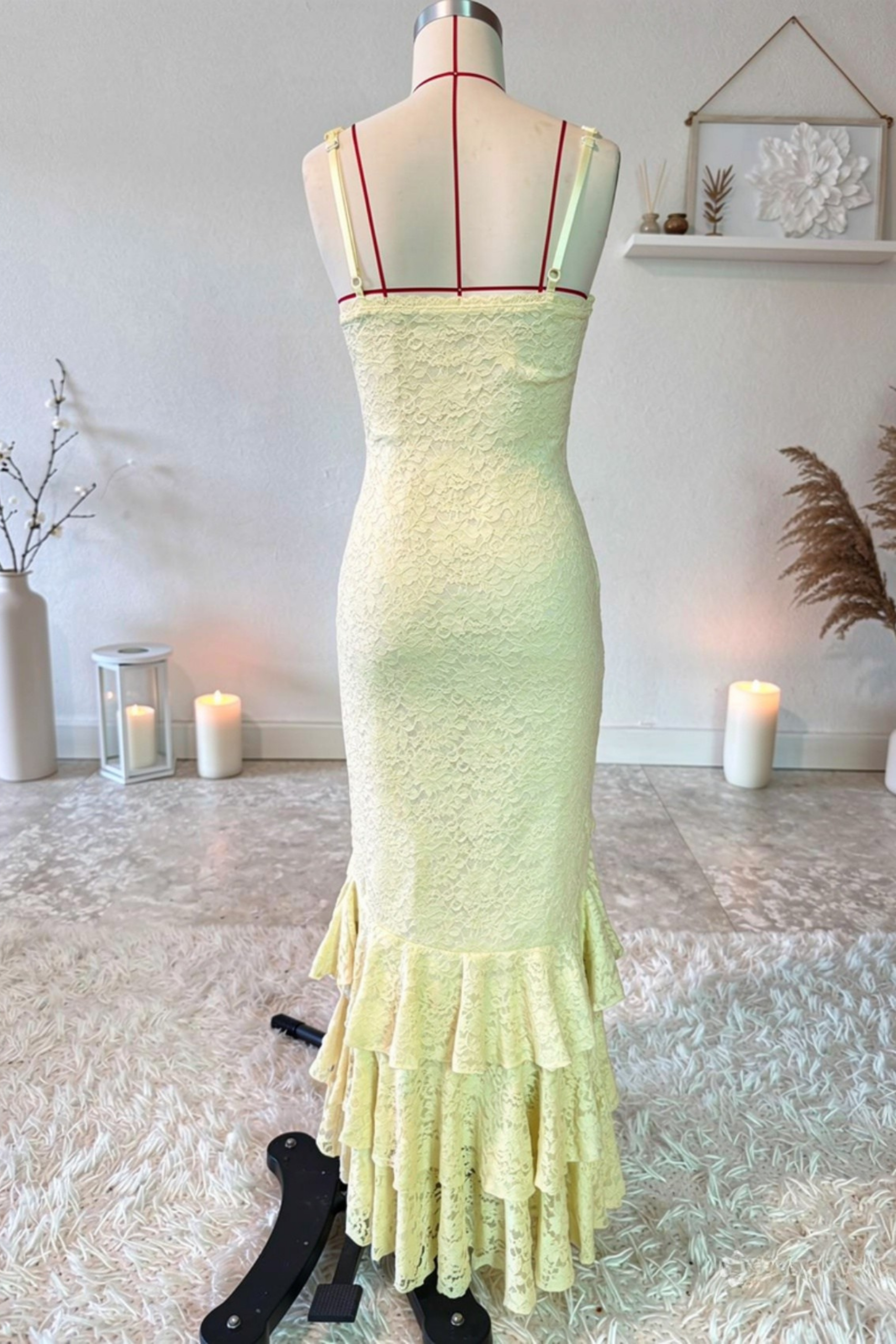Irregular Ruffled Lace Patchwork High Slit Slip Maxi Dress – Yellow - OWNCI