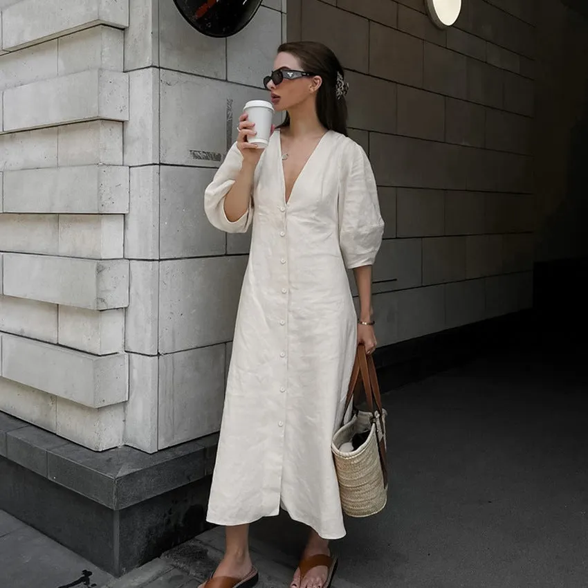 Loose-Fitting Puff Sleeve V-Neck Cotton Linen Midi Dress