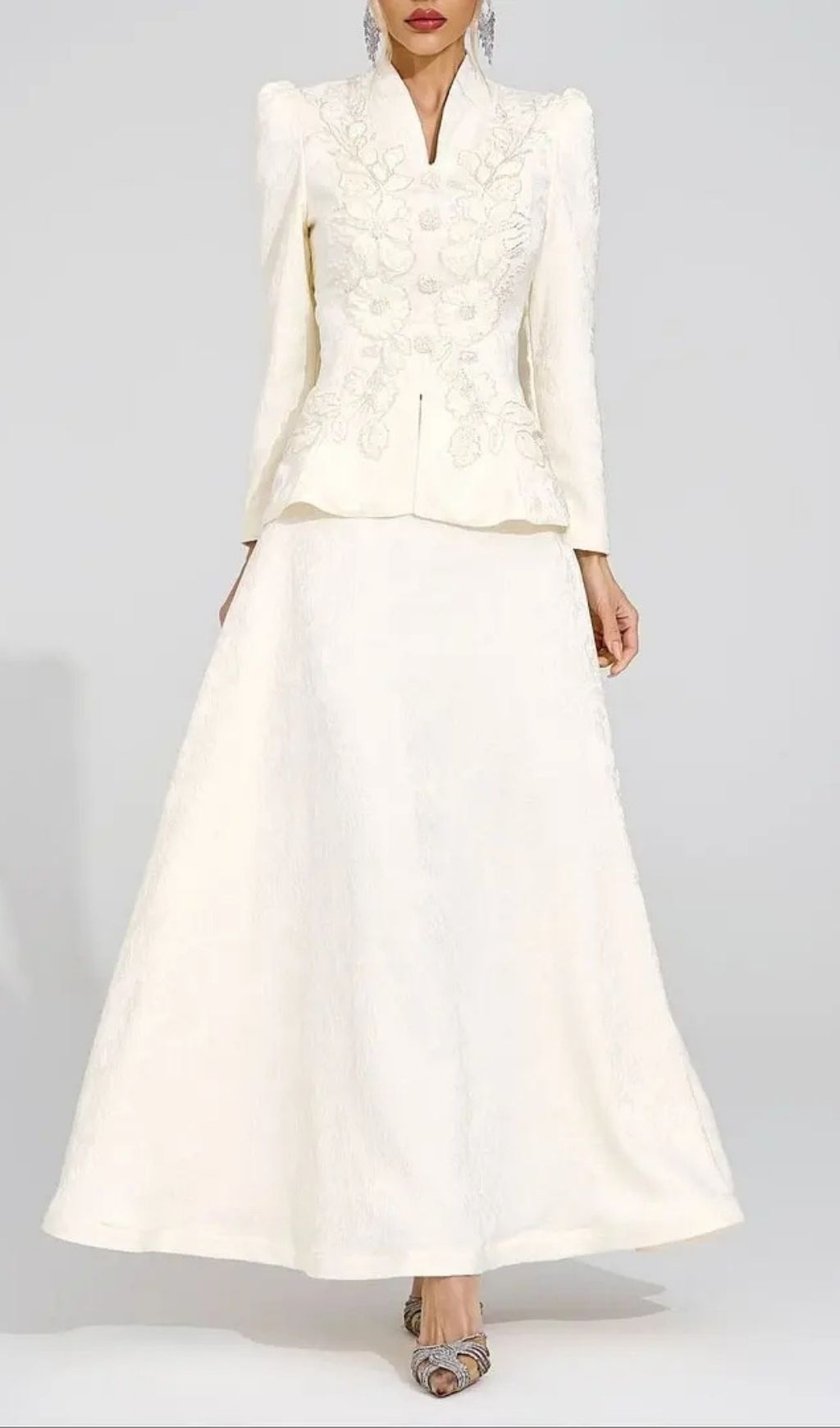 Sabrina Floral Embroidered Coat Maxi Skirt Set - Apricot