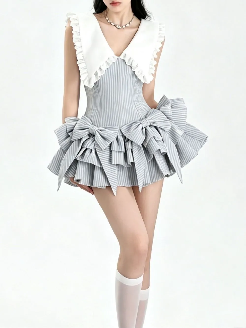 Mahira Bow Mini Dress With Collar - OWNCI Mahira Bow Mini Dress With Collar - OWNCI