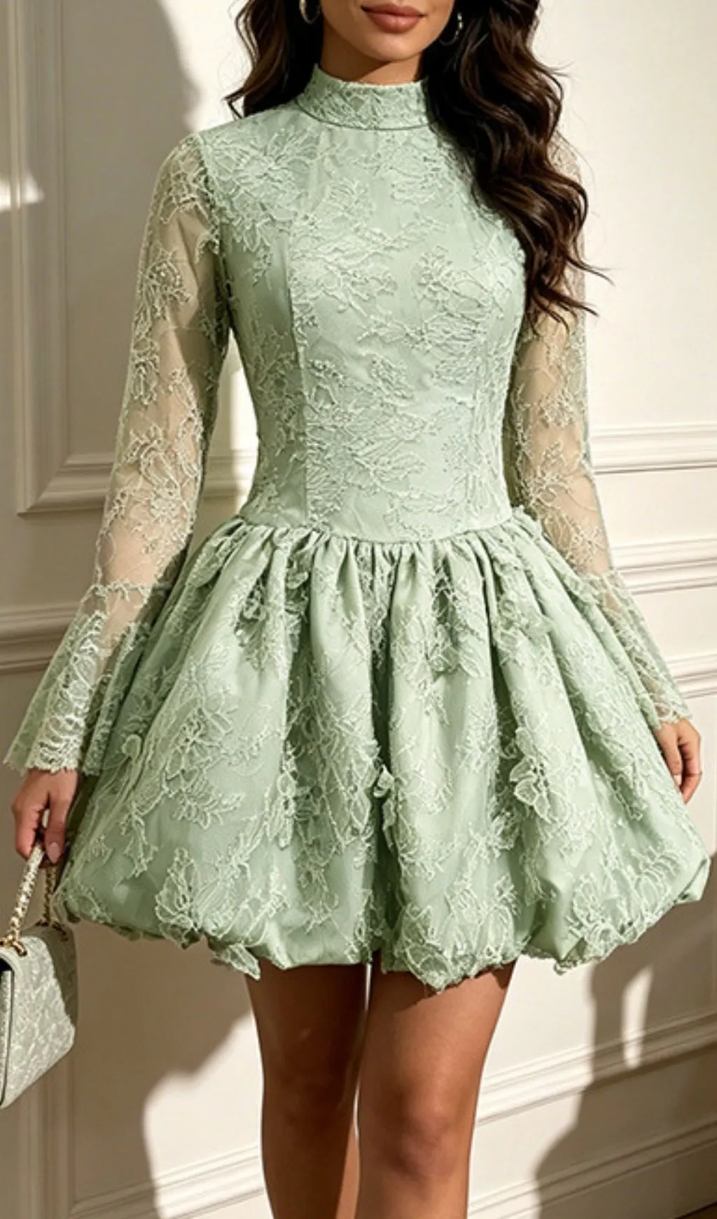 Fashionslee Women Maddi Green Lace Long Sleeve Mini Dress