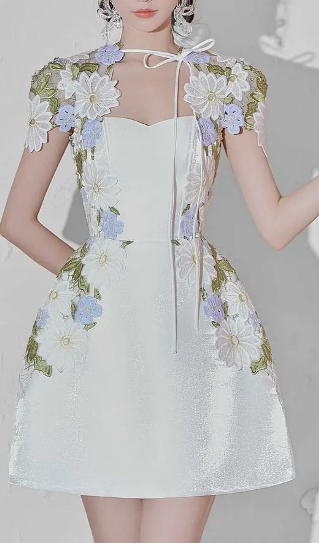 White Floral Embroidered Mini Dress With Sheer Cap Sleeve Bolero