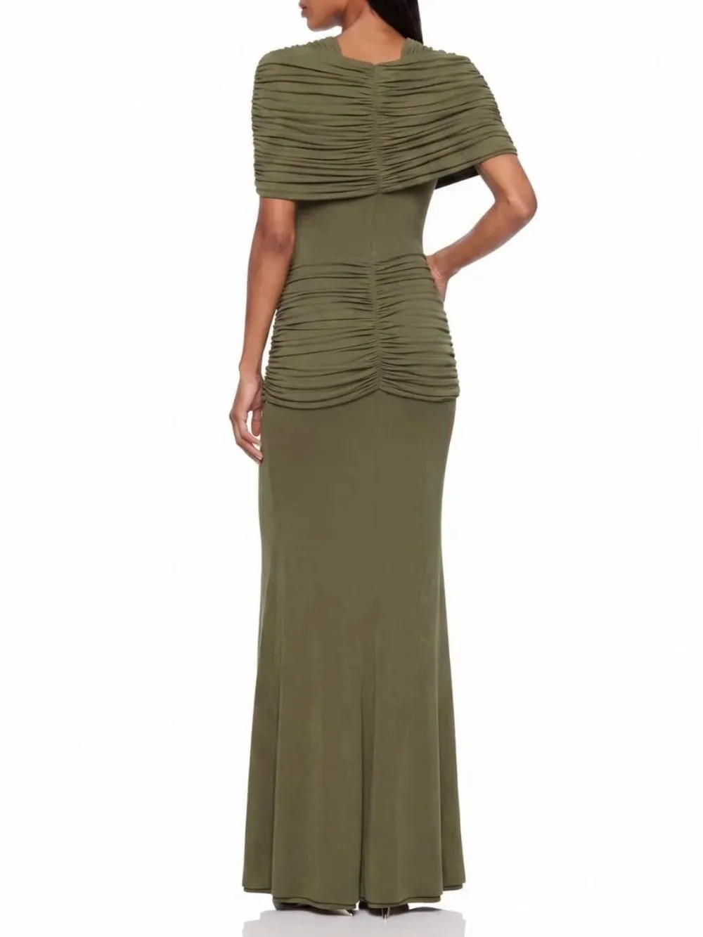 Quvion Shoulder Pad Ruched Maxi Dress In Olive - OWNCI