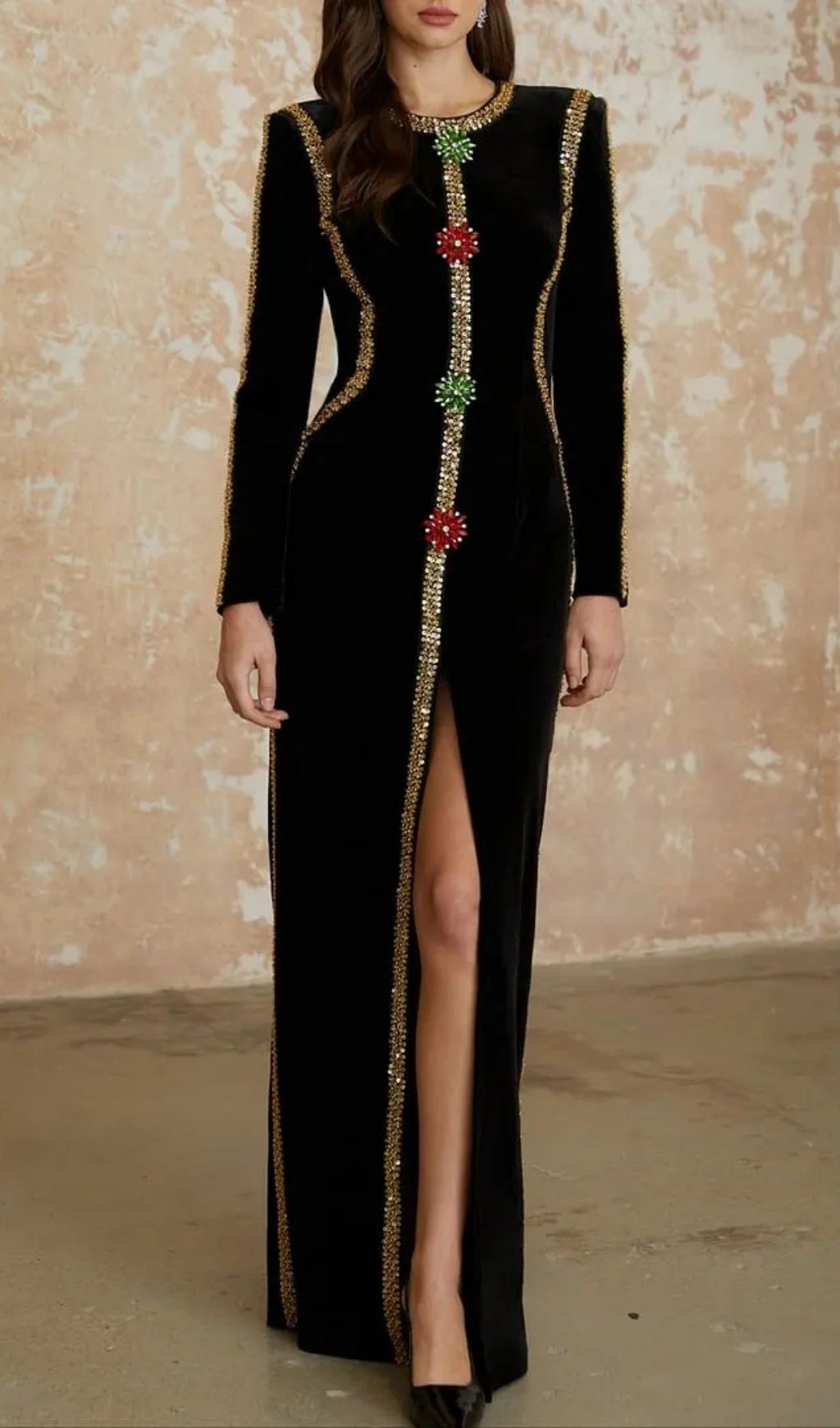 Lydia Black Crystal Embellished Front Slit Maxi Dress