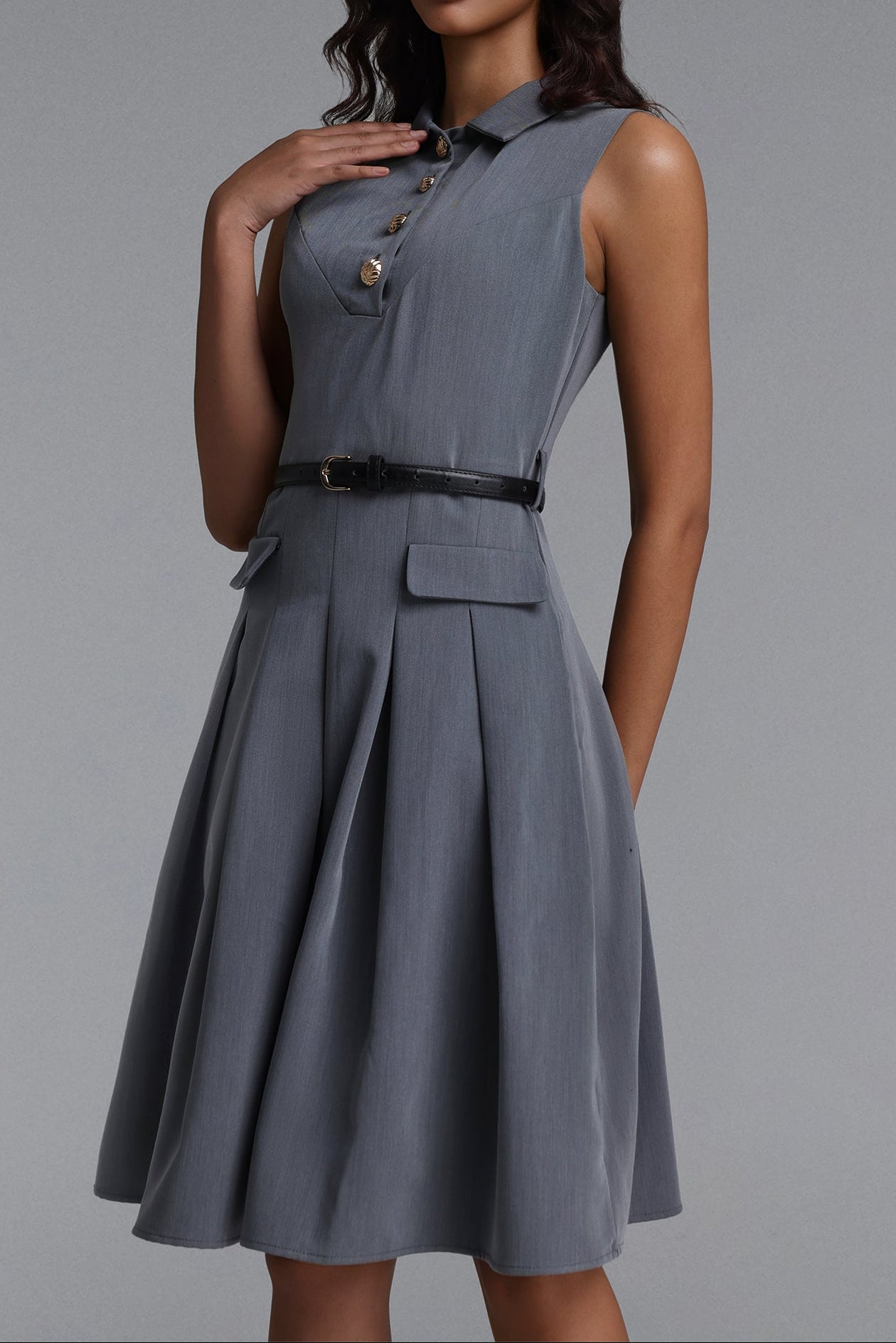 Collared Sleeveless Belted Pleated Midi Shirt Dress