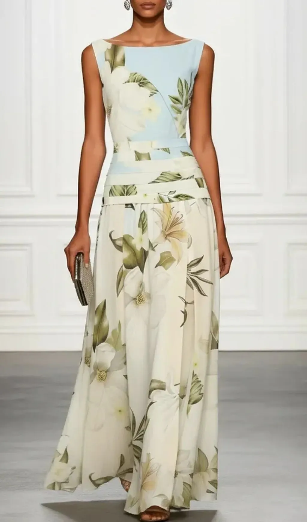 Fashionslee Women Blue And White Floral Ruffled Boat Neck Sleeveless Maxi Dress
