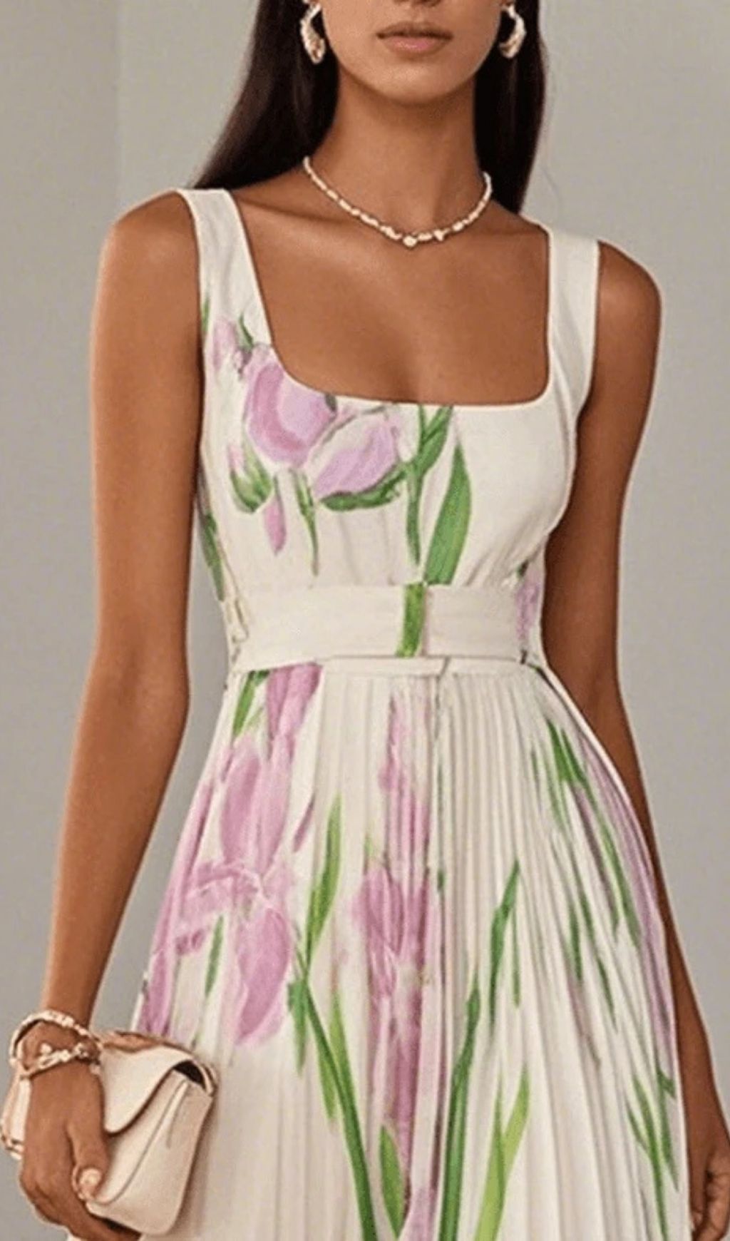 ec749f39587460e4362fa2a2851a9f35.jpg Fashionslee Women White Pleated Floral Chiffon Square Neck Sleeveless A-Line Maxi Dress