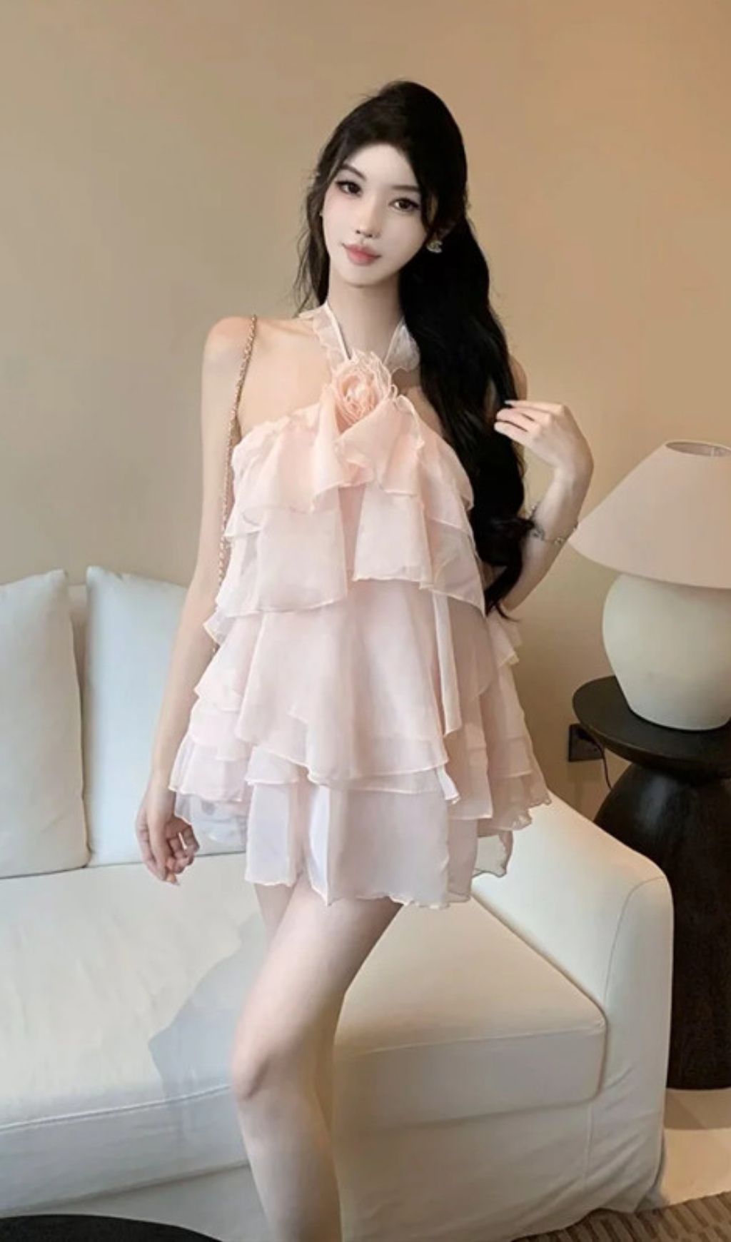 Rebecca Halterneck Ruffle Mini Dress In Pink