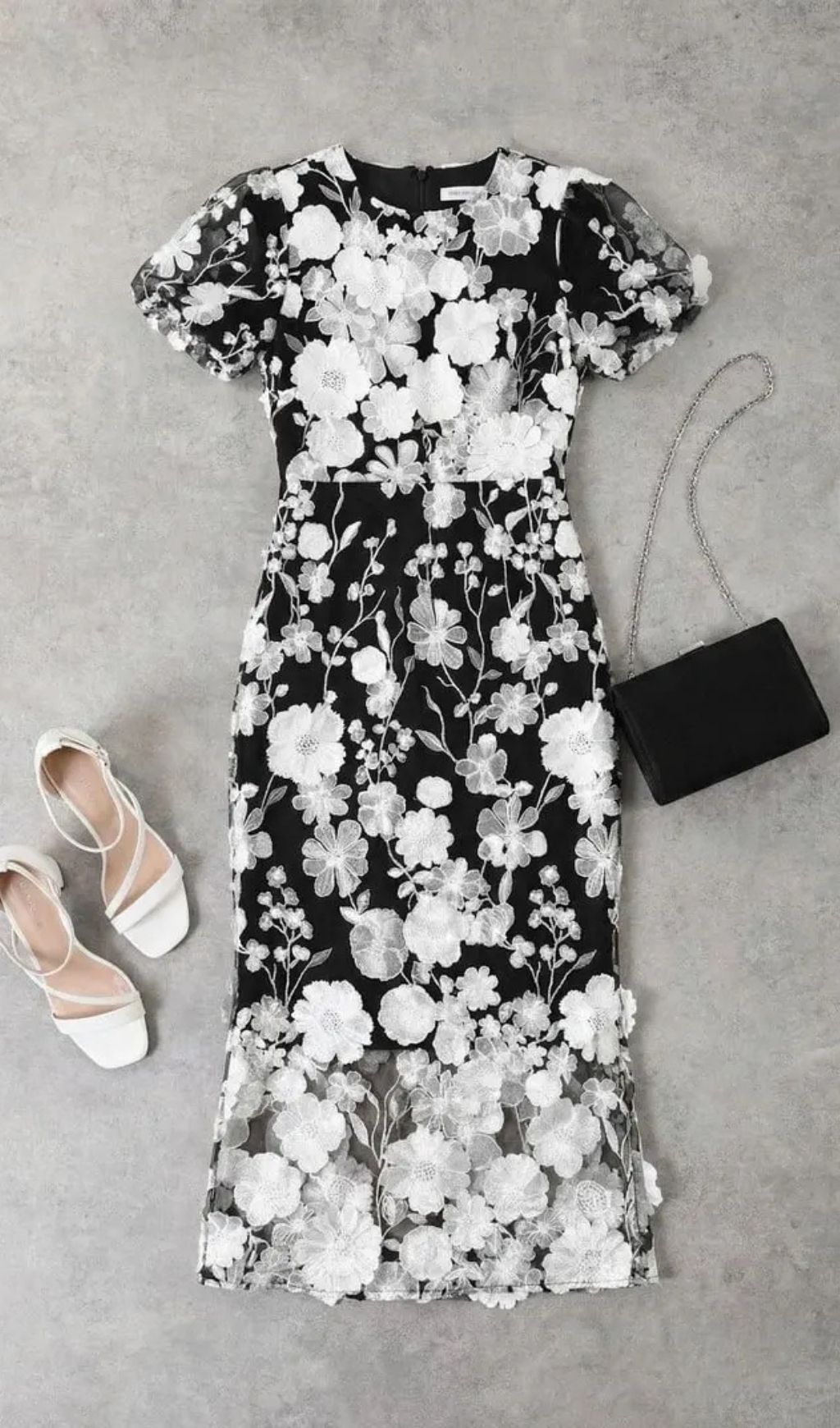 ecb4e621820476a6894a007c87b35779 Black & White Floral Lace Midi Dress With Puff Sleeves