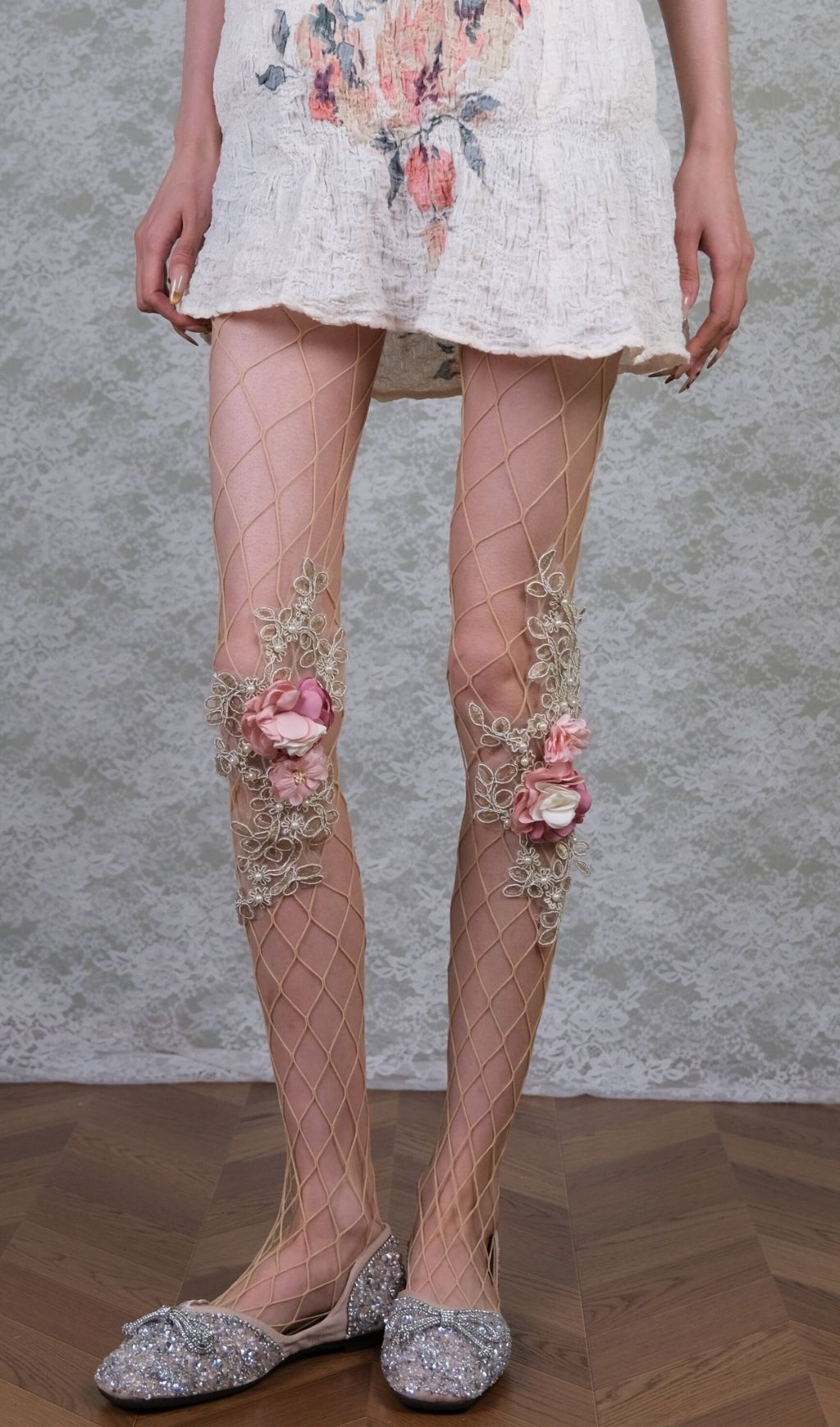 Floral Embroidered Tights With 3D Flowers & Pearls