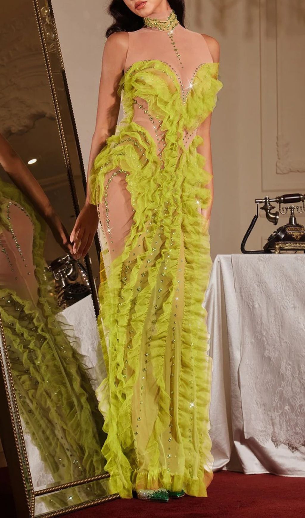 Jaela Yellow Diamante Mesh Maxi Dress