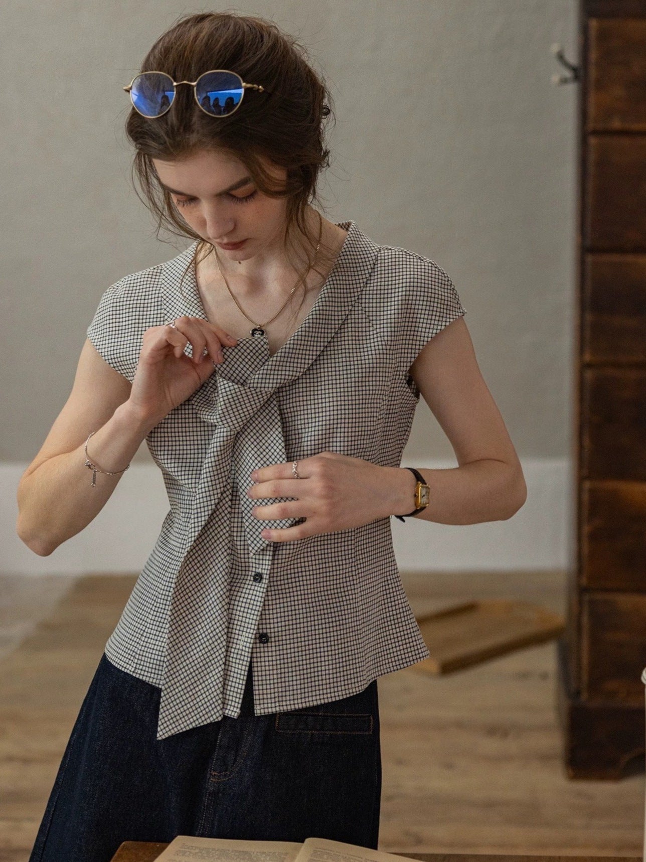 Plaid French Slim-Fit V-Neck Tied Blouse