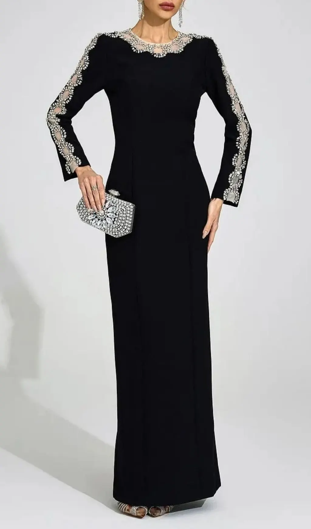 Tiffany Rhinestone Embellished Cutout Maxi Dress - Black