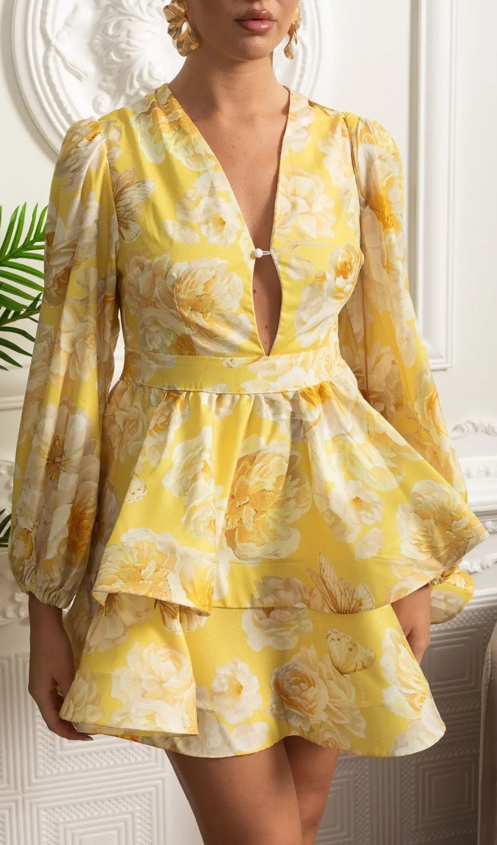 Floral Romantic Mini Dress With Voluminous Sleeves And Peplum Detail - Yellow