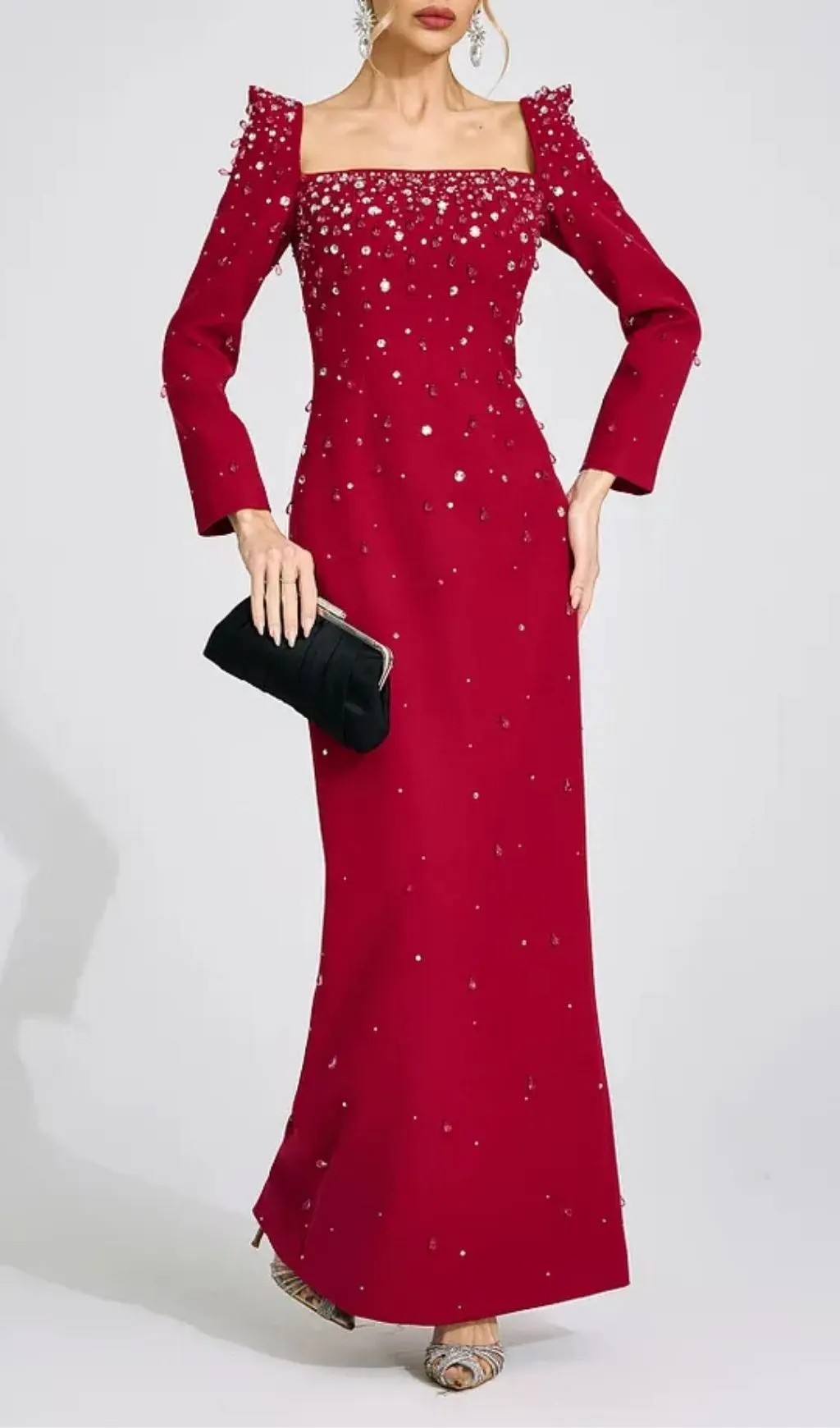 Lynn Square Neck Beaded Rhinestone Maxi Dress - Burgundy