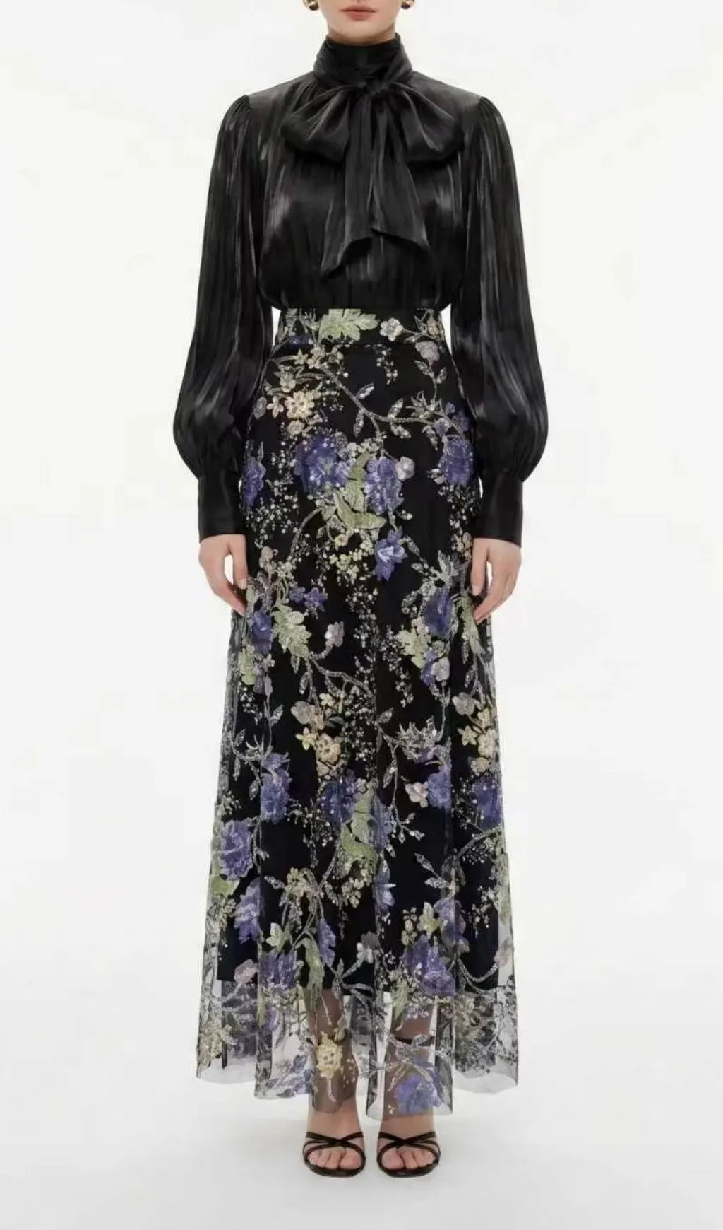 Fashionslee Women Lorvannis Black Flower Sequin Skirt Set