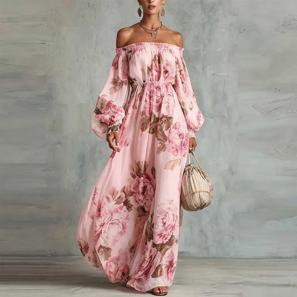 Off-Shoulder Print Lantern Sleeve Maxi Dress