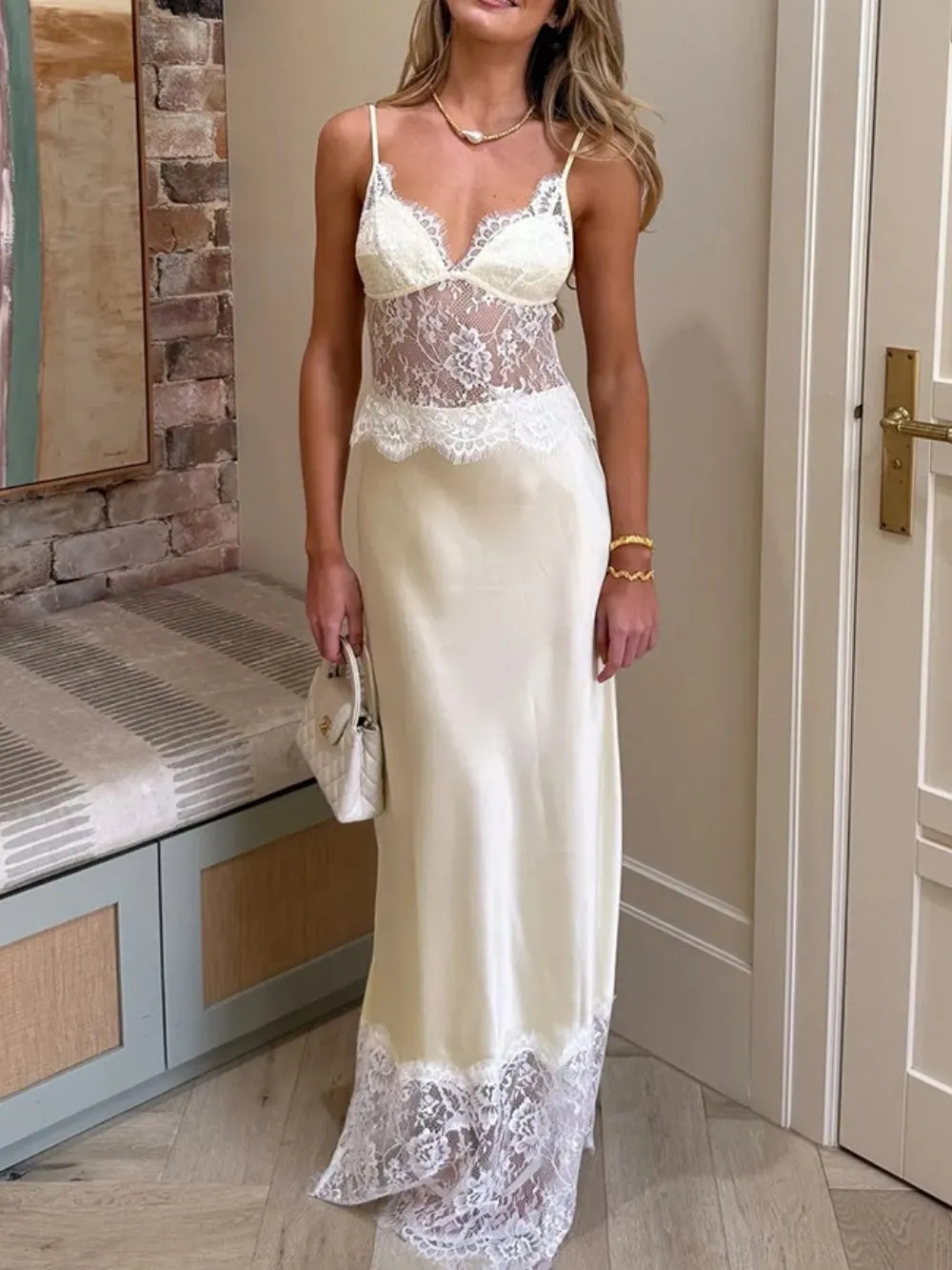Erastes Spaghetti Lace Maxi Dress In Cream