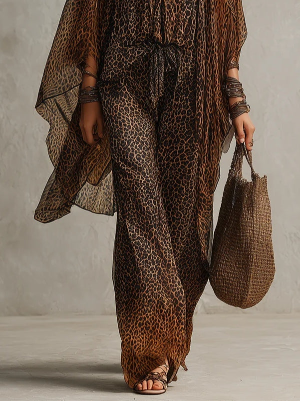 Bohemian Gradient Leopard Print Flowing Robe Three-piece Set - OWNCI