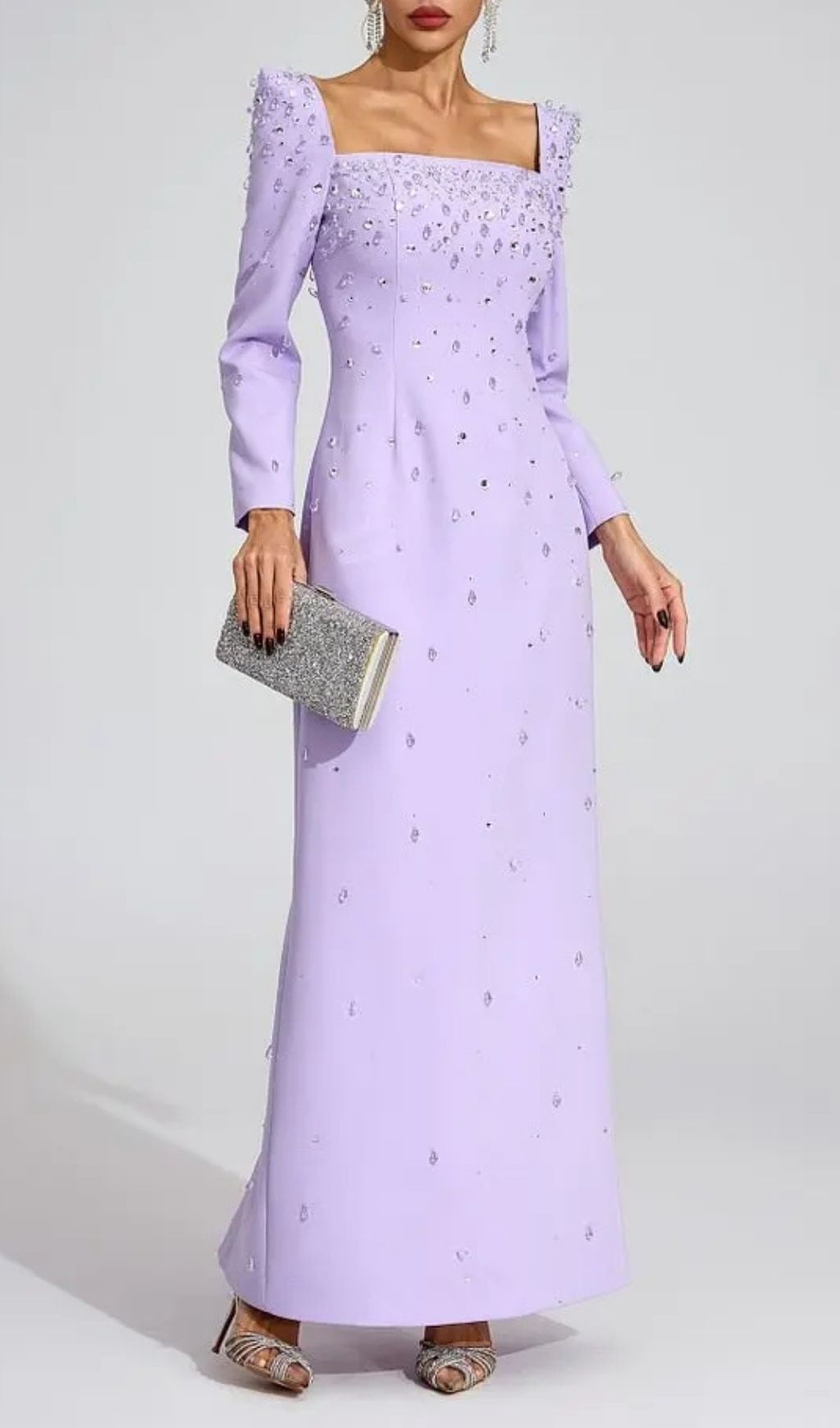 Lynn Square Neck Beaded Rhinestone Maxi Dress - Purple