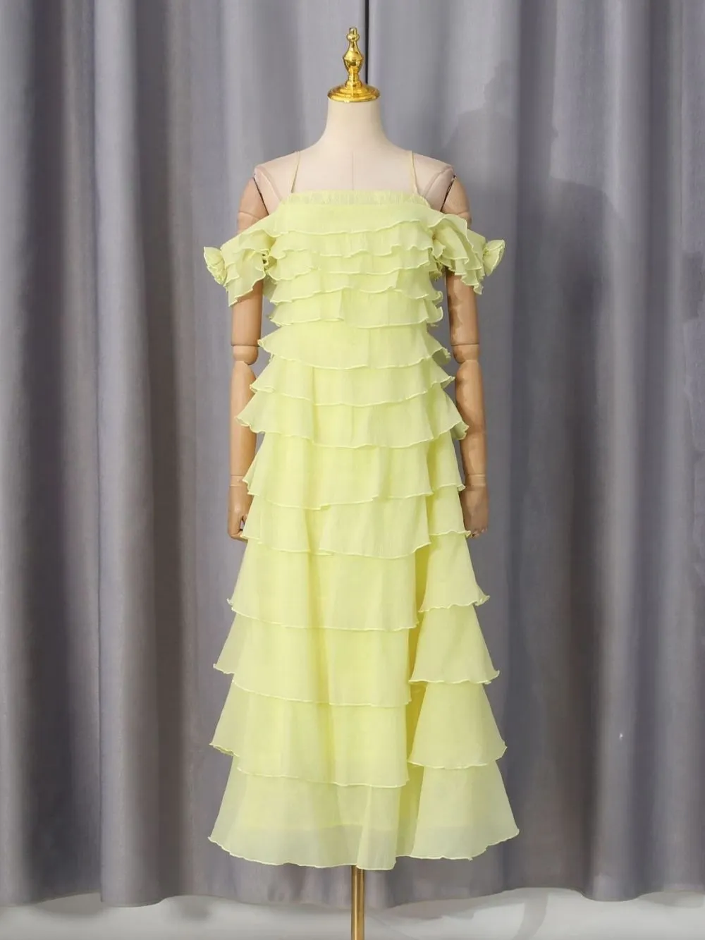 Malu Yellow Strappy Layered Midi Dress