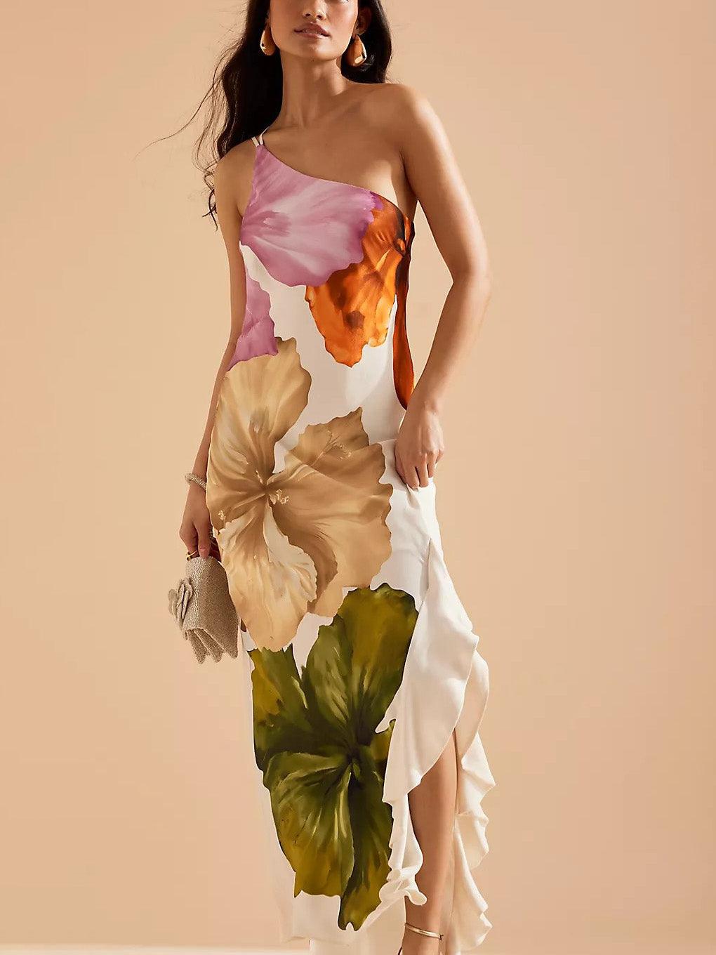 ee90c044e57f4d7e955260fbcfe8ac03 Elegant Exquisite Floral Print One-shoulder Maxi Dress
